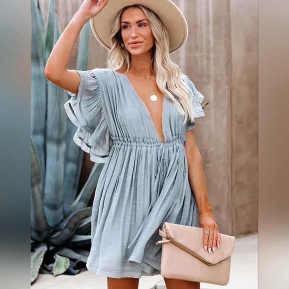 New Flowy Flutter Cover Up Mini Dress Deep Plunge Summer Light Blue - Picture 5 of 10